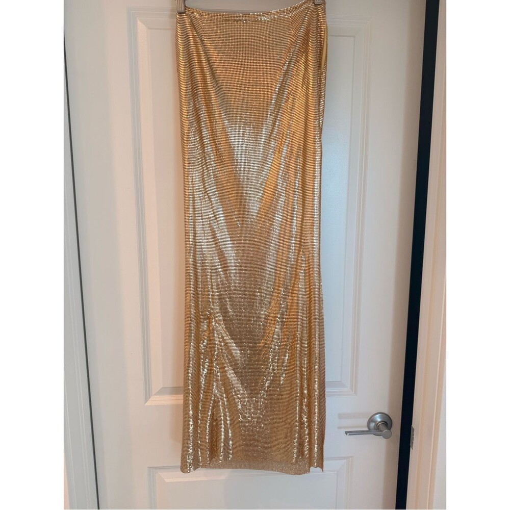 🆕 LOVERS and FRIENDS Sasha Gold Metallic Maxi high slit Skirt, party luxury, XS - Picture 5 of 13